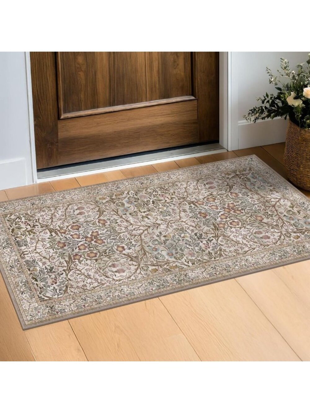 Moss Green Washable 2x4 Entry Rug - Vintage Floral Non-Slip Indoor Mat for